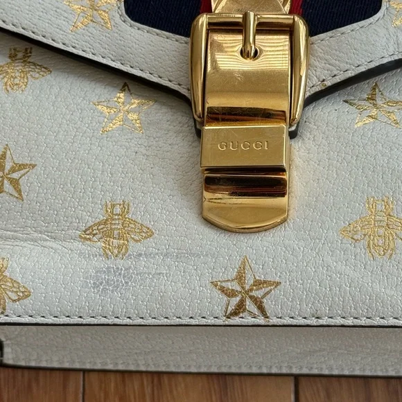 Gucci Sylvie Bee Star Leather Shoulder Bag White Web Stripe Small Project piece - Picture 4 of 16